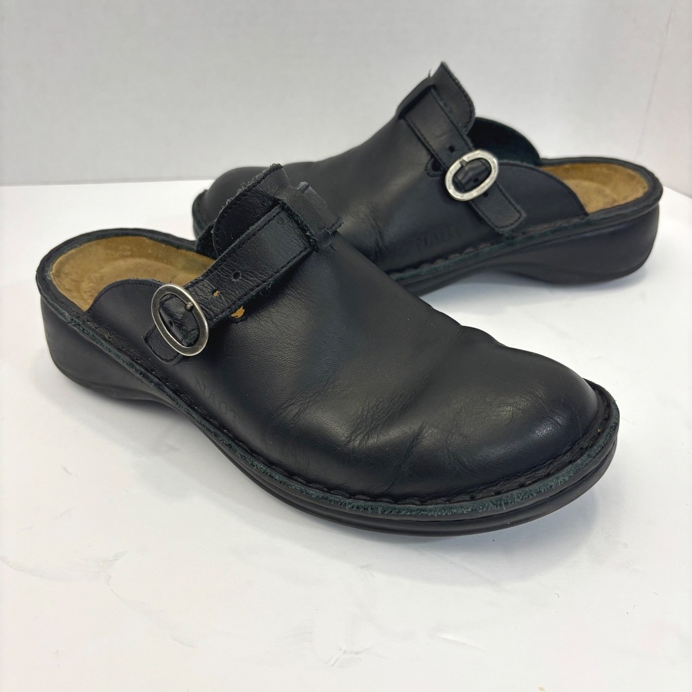 Naot Leather Clogs Womens 38 (7 - 7.5) Black Buckle Strap Comfort Mules Classic